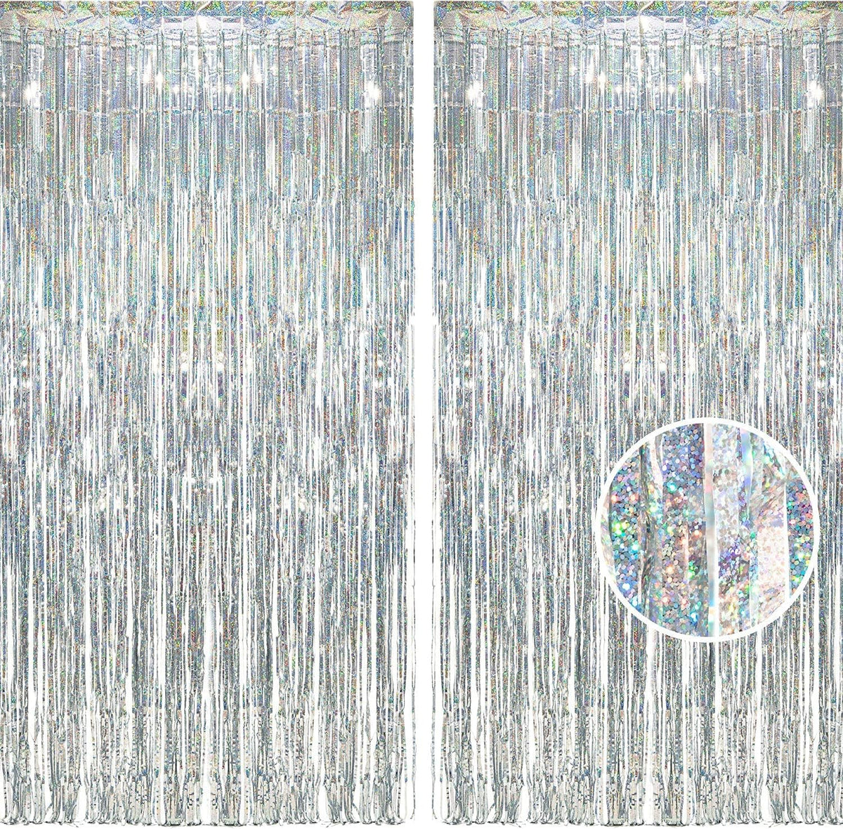 BRAVESHINE Silver Streamers Party Backdrop Decorations - 2Pcs 3.2x8.2ft Tinsel Foil Fringe Curtain