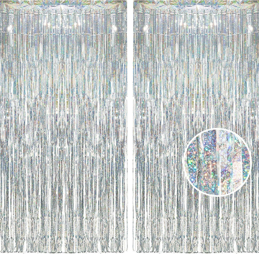 BRAVESHINE Silver Streamers Party Backdrop Decorations - 2Pcs 3.2x8.2ft Tinsel Foil Fringe Curtain