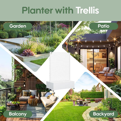Double Metal Planter Box with Trellis Privacy Screen, Raised Garden Bed with Trellis & Wheels