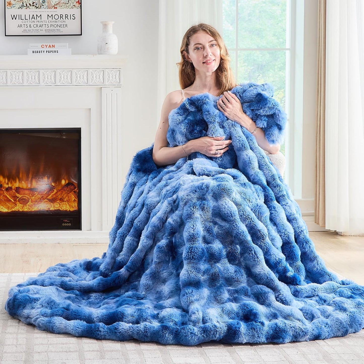 Lotus Karen Faux Fur Throw Blanket Tie-Dye Blue - Big Bubble Rabbit Fluff Blanket for Couch,Small