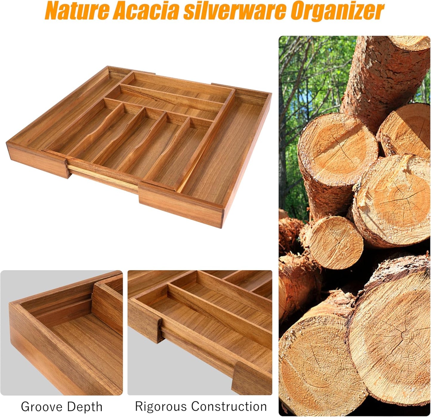 Bellsal Large Premium Acacia Wood Silverware Organizer - Expandable Utensil Drawer Organizer