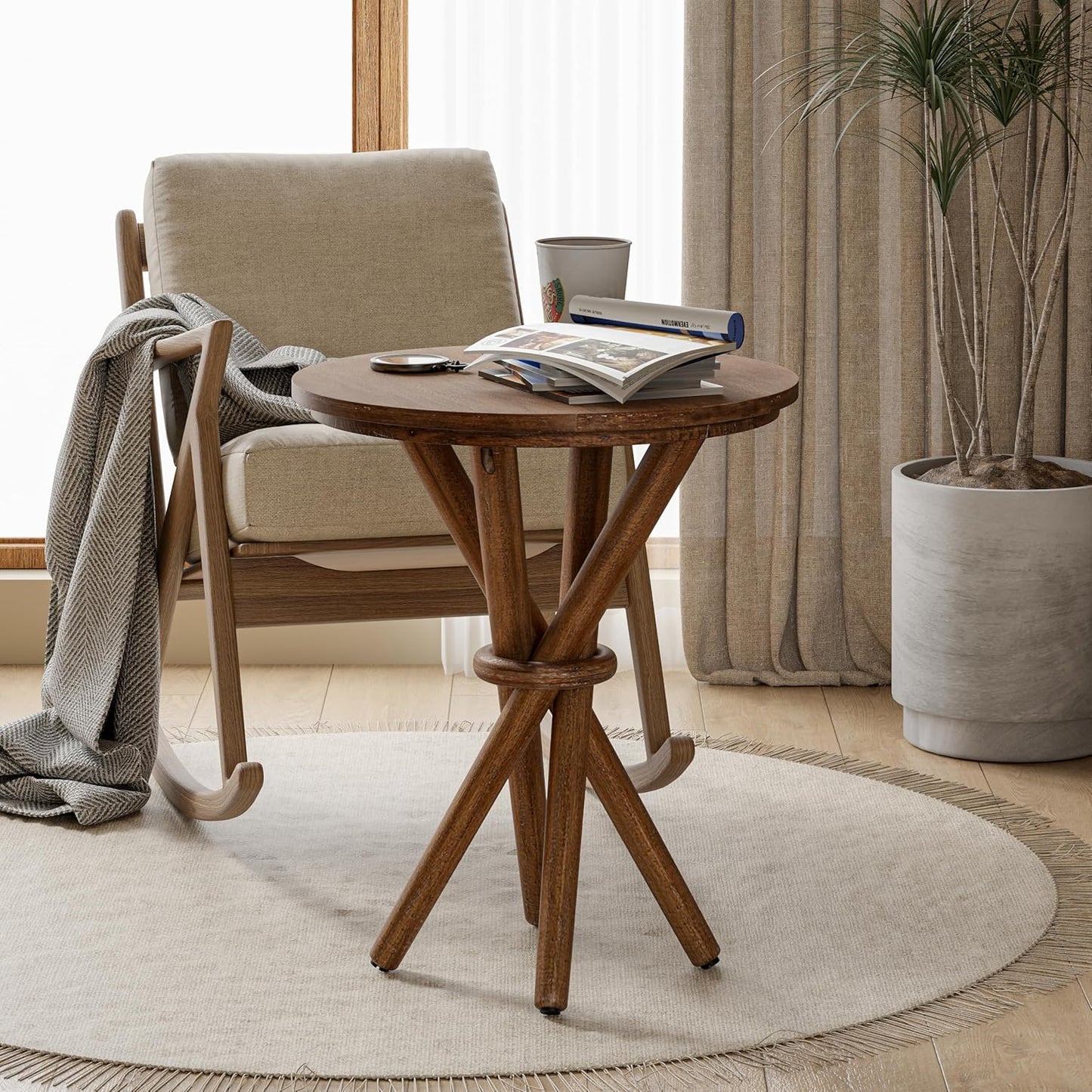 Round Wood End Table Farmhouse Wooden Side Table Rustic Plant Stand with Bundled Legs for Living
