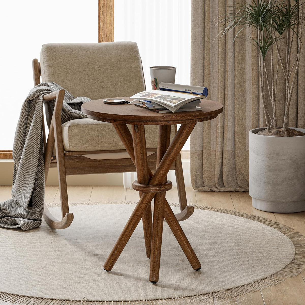 Round Wood End Table Farmhouse Wooden Side Table Rustic Plant Stand with Bundled Legs for Living