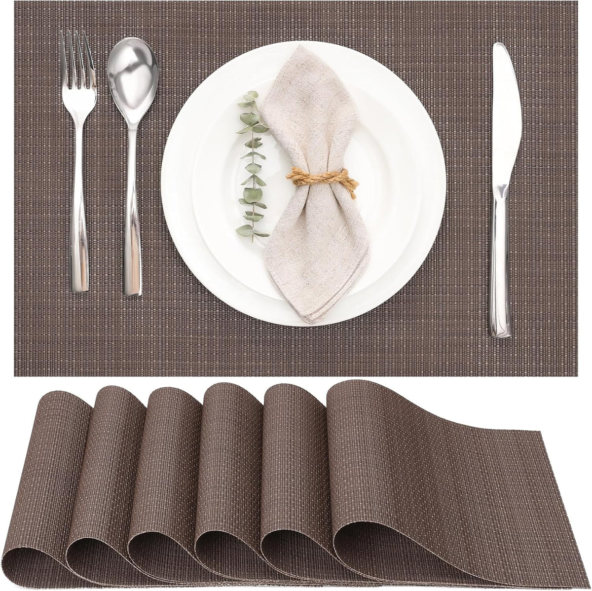 Myir JUN Placemats Set of 6, Vinyl Woven Placemats Place Mats Indoor Washable Table Mats Non-Slip
