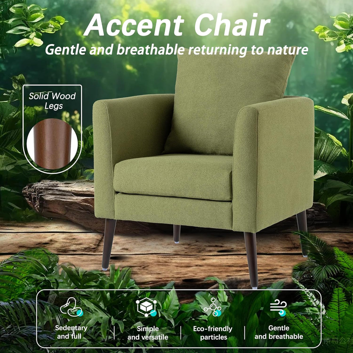Barrel Accent Chair with Back Pillow, Large Upholstered Armchair with Solid Wood Legs Modern