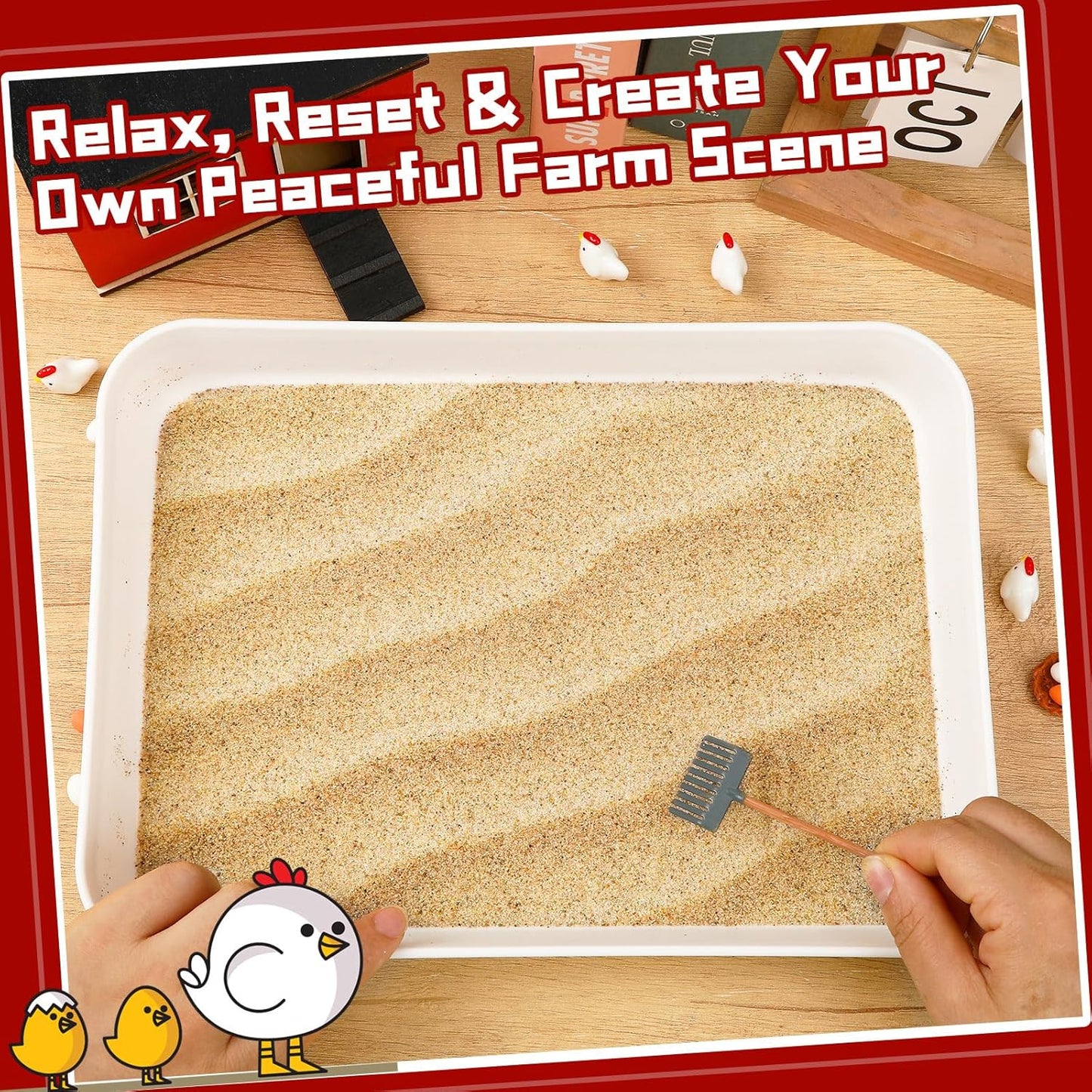 CypherX Chicken Zen Garden Sand Tray Therapy Kit with Miniature Chicken Coop, Hen Figurines Mini