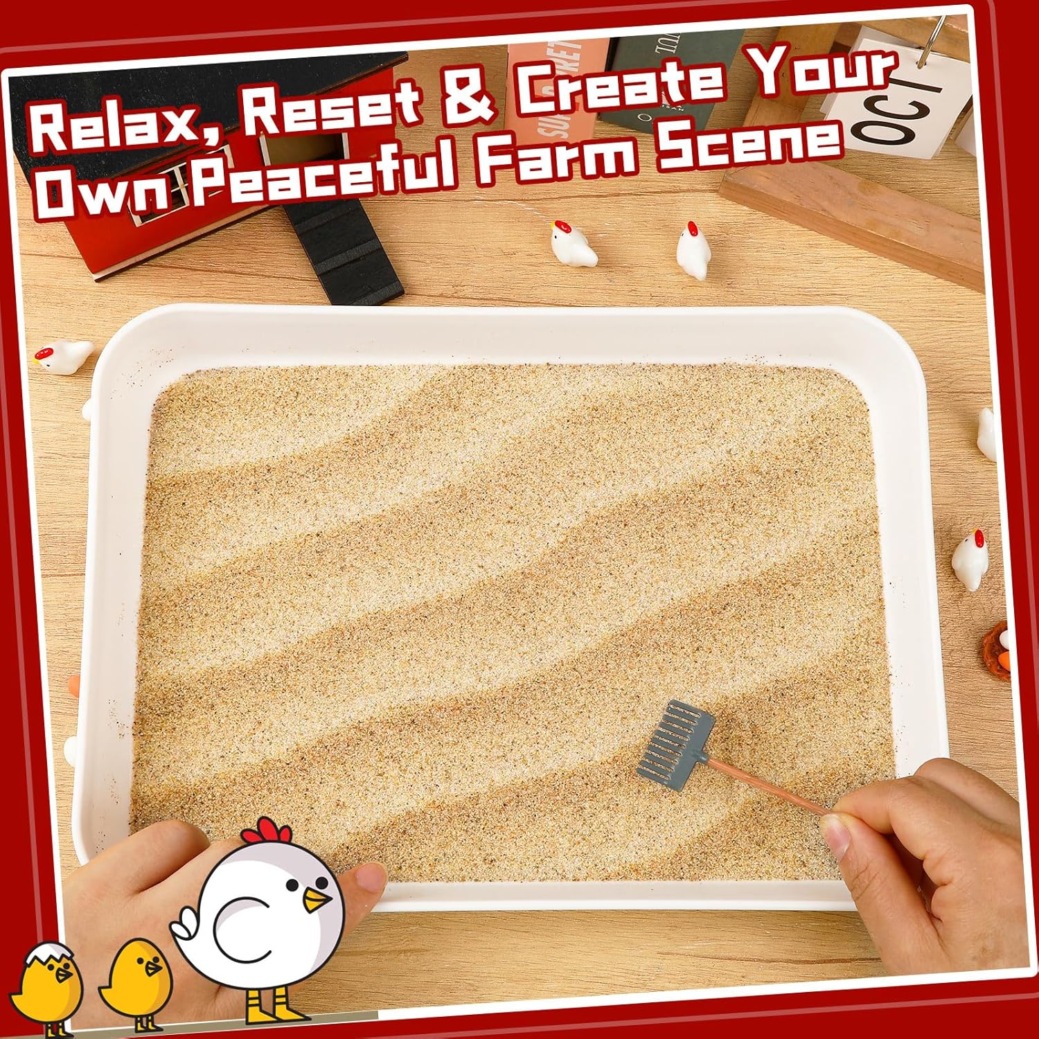 CypherX Chicken Zen Garden Sand Tray Therapy Kit with Miniature Chicken Coop, Hen Figurines Mini