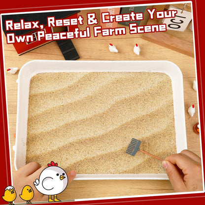 CypherX Chicken Zen Garden Sand Tray Therapy Kit with Miniature Chicken Coop, Hen Figurines Mini