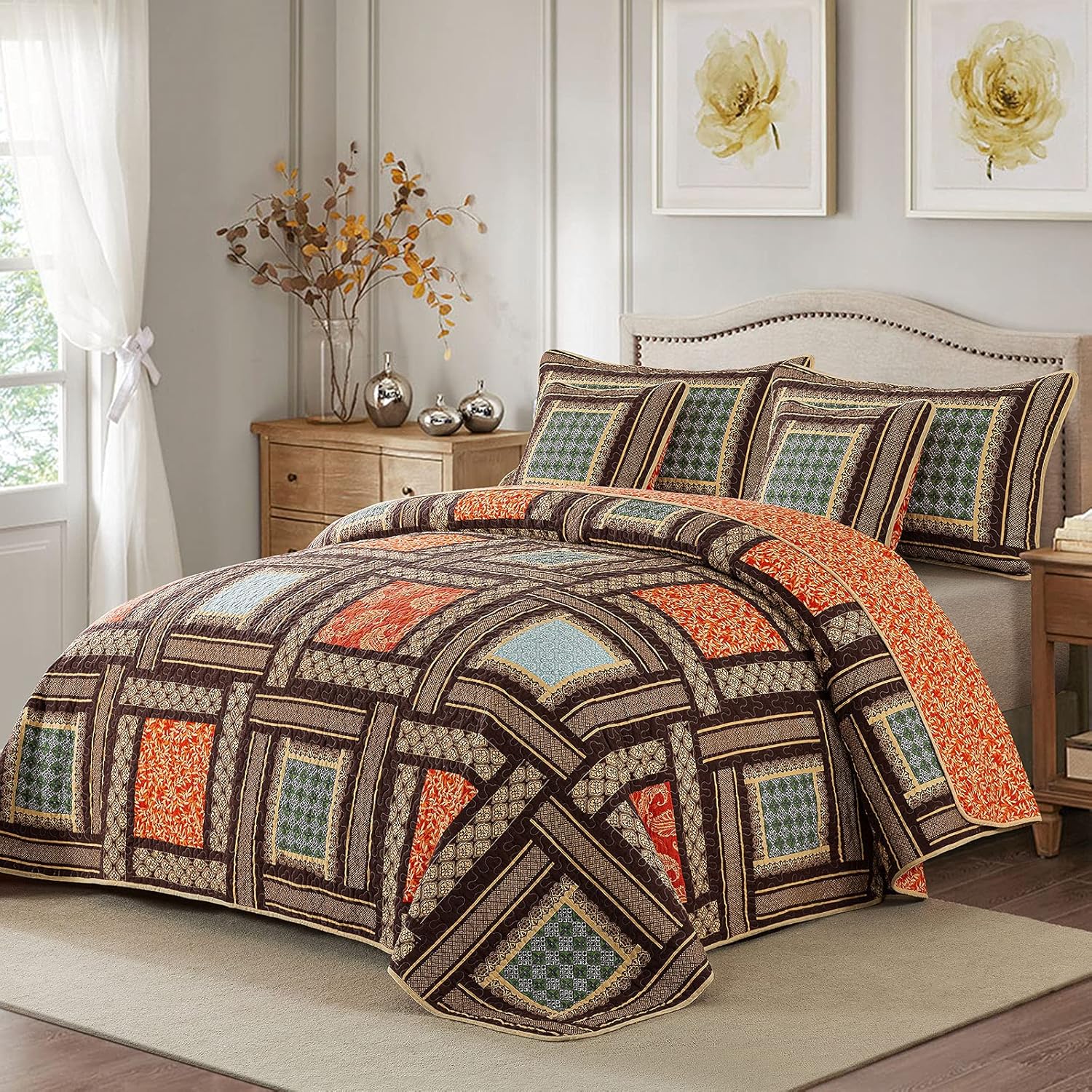 NEWLAKE Cotton Patchwork Bedspread, 3-Piece Bedding Quilt Set with Real Stitched Embroidery