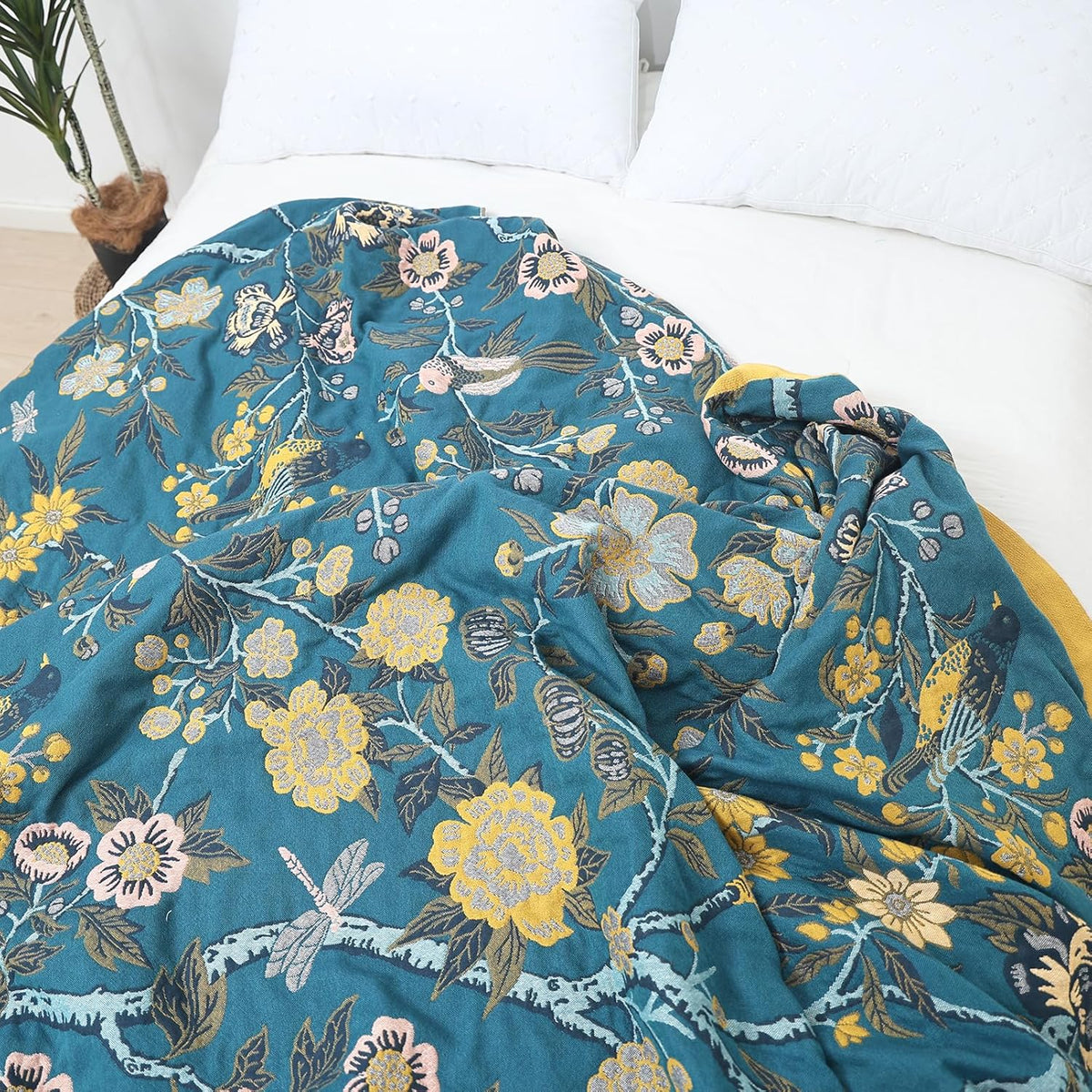Snycler Boho Throw Blanket for Bed - 100% Cotton Ultra Soft Rustic Quilt Blanket Green Bird Floral