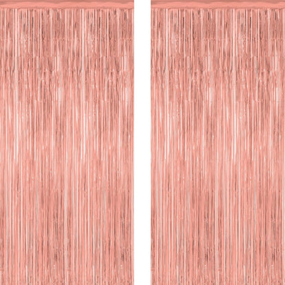 2 Pack Rose Gold Decorations, 3.28 FT x 7.05 FT Rose Gold Fringe Curtains, Metallic Photo Backdrop