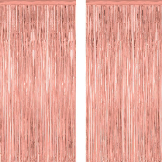 2 Pack Rose Gold Decorations, 3.28 FT x 7.05 FT Rose Gold Fringe Curtains, Metallic Photo Backdrop