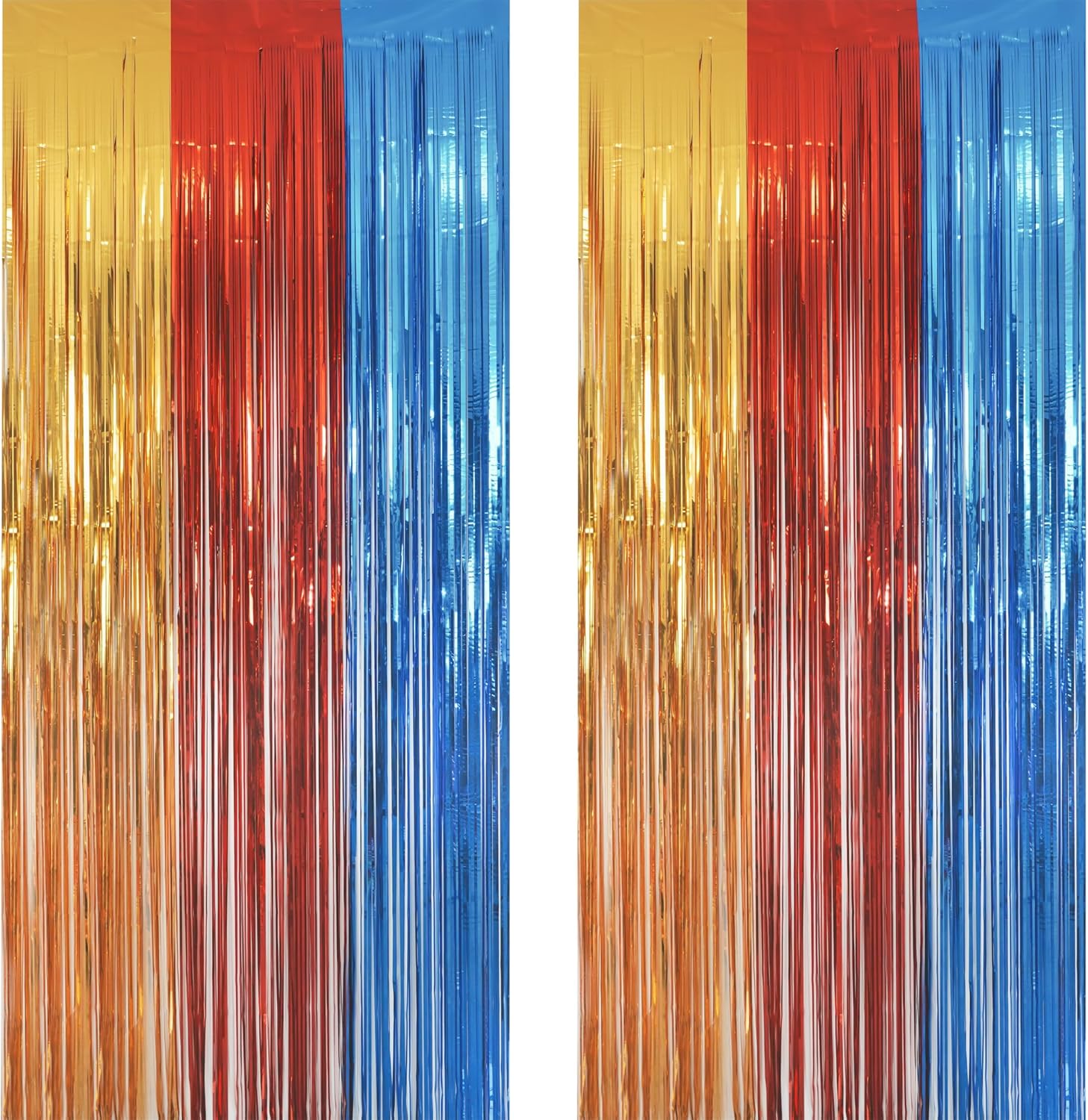 Gold Red Blue Party Backdrop - GREATRIL Tinsel Fringe Curtain for Paw Birthdays Decorations 2 Packs