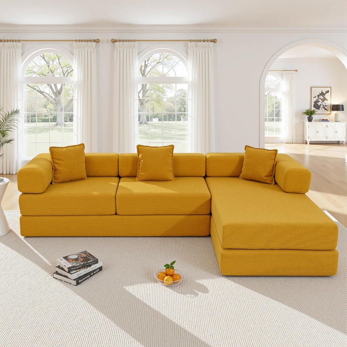 108" Oversized Convertible Sleeper Sofa Bed, Corduroy L Shape Sectional Couch, Folding Sofa Bed