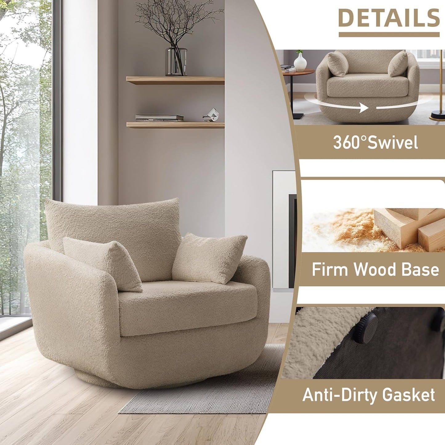 360° Swivel Accent Armchair, 39.3" Oversized, Sherpa Boucle Fabric Sofa Chair with Removable Back &