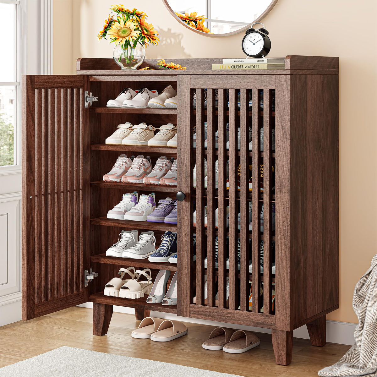IRONCK Shoe Cabinet with Slatted Doors, 6-Tier Shoe Storage Cabinet, Walnut