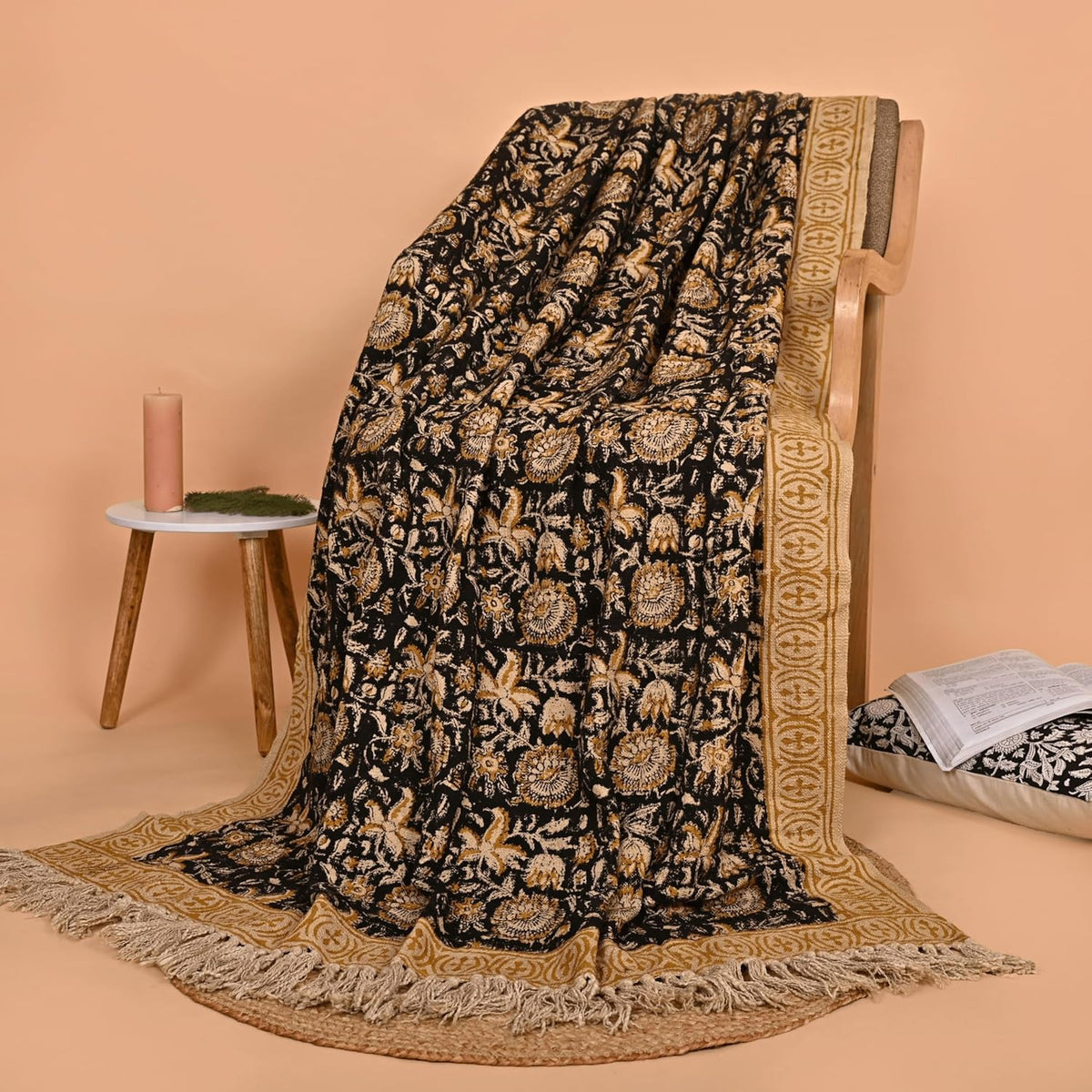Bohemian Floral Cotton Throw Blanket with Tassels | 48x70 Inch Handblock Printed Sofa Throw | Black