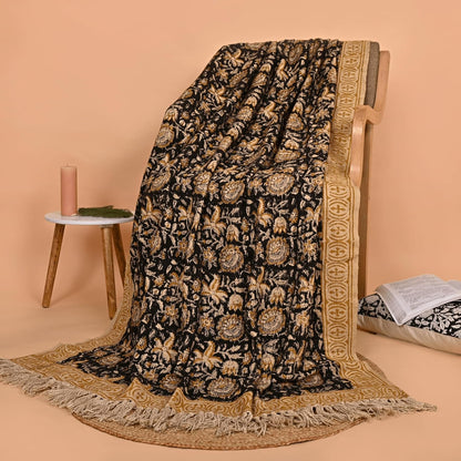 Bohemian Floral Cotton Throw Blanket with Tassels | 48x70 Inch Handblock Printed Sofa Throw | Black