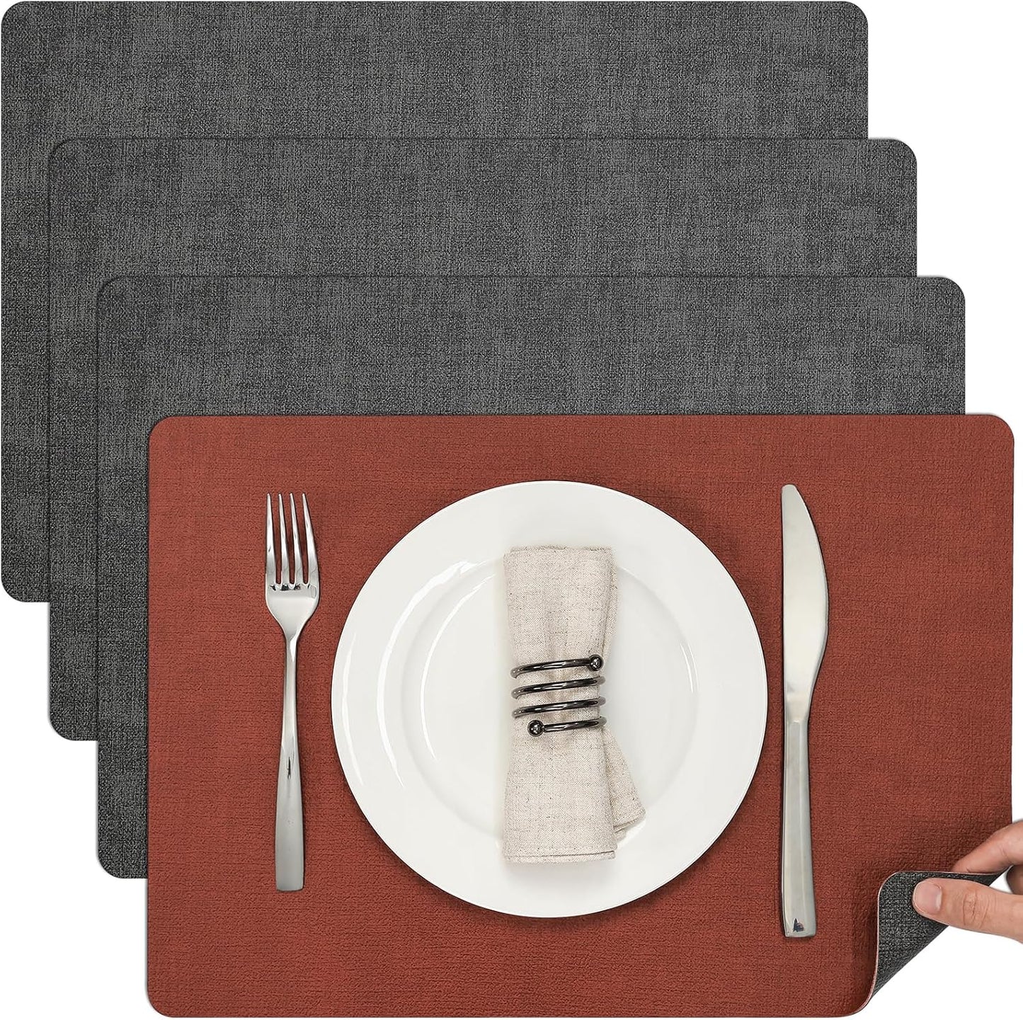 Myir JUN Dual Sided Faux Leather Placemats Set of 4 for Indoor Outdoor Dining Tables, Square
