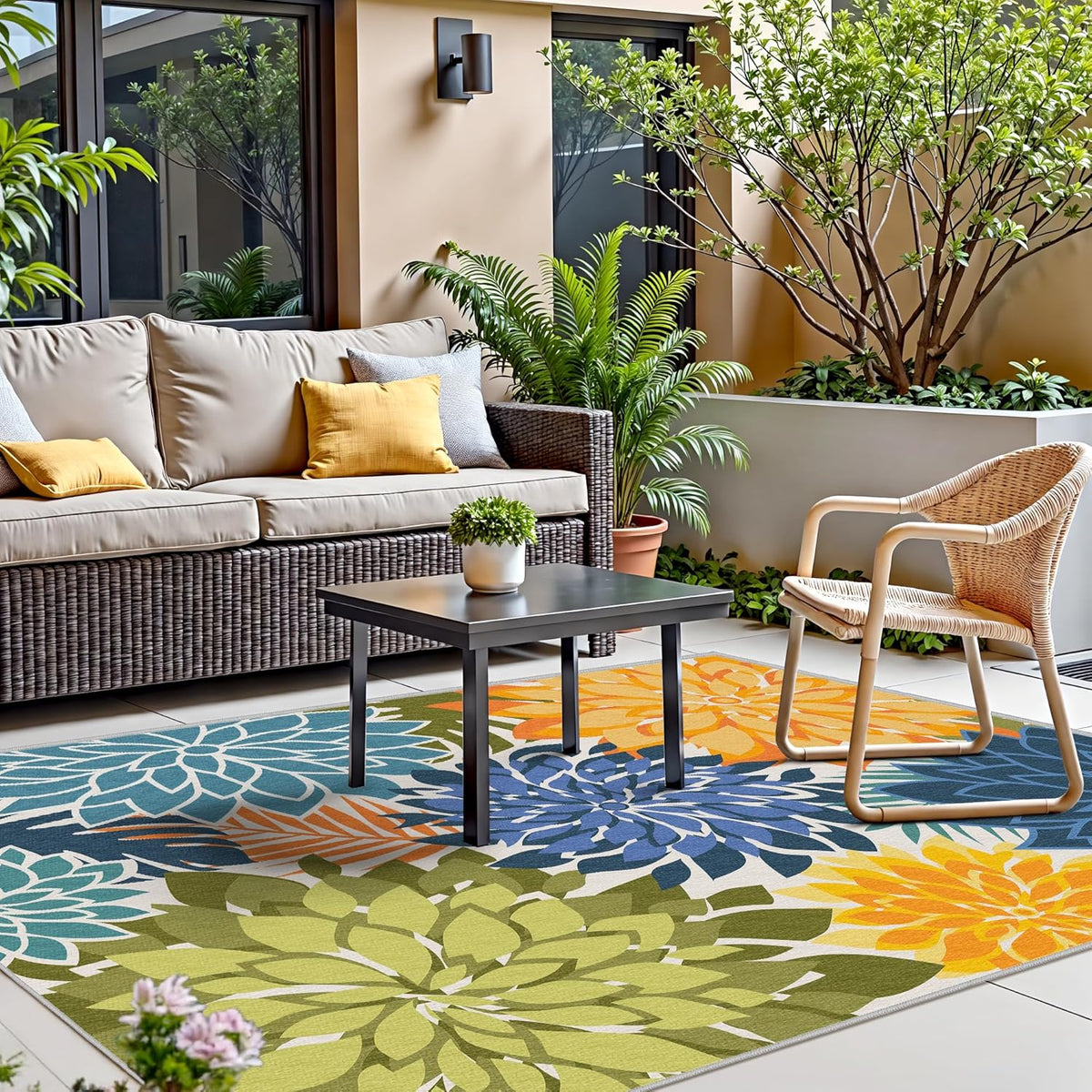Indoor Outdoor Area Rug Washable Multicolored Patio Rug Tropical Botanical Modern Floral Indoor