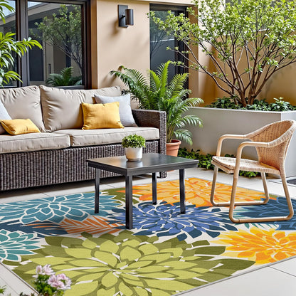 Indoor Outdoor Area Rug Washable Multicolored Patio Rug Tropical Botanical Modern Floral Indoor