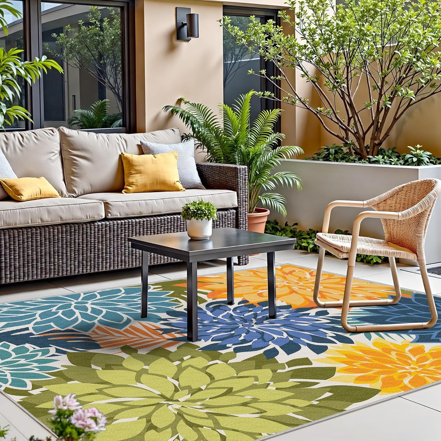 Indoor Outdoor Area Rug Washable Multicolored Patio Rug Tropical Botanical Modern Floral Indoor