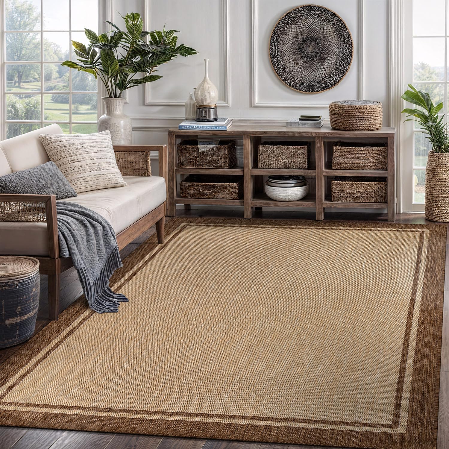 CAMILSON Outdoor Rug 6x9 Bordered Natural Brown Modern Area Rugs for Indoor and Outdoor Patios