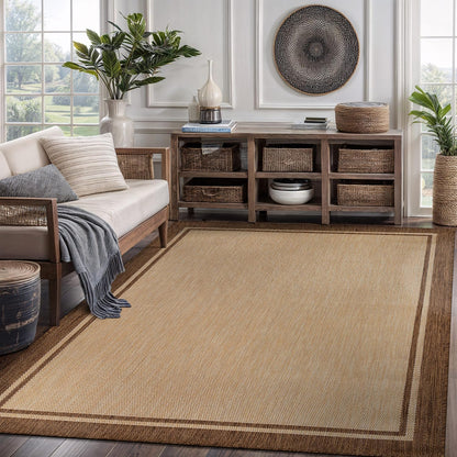 CAMILSON Outdoor Rug 6x9 Bordered Natural Brown Modern Area Rugs for Indoor and Outdoor Patios
