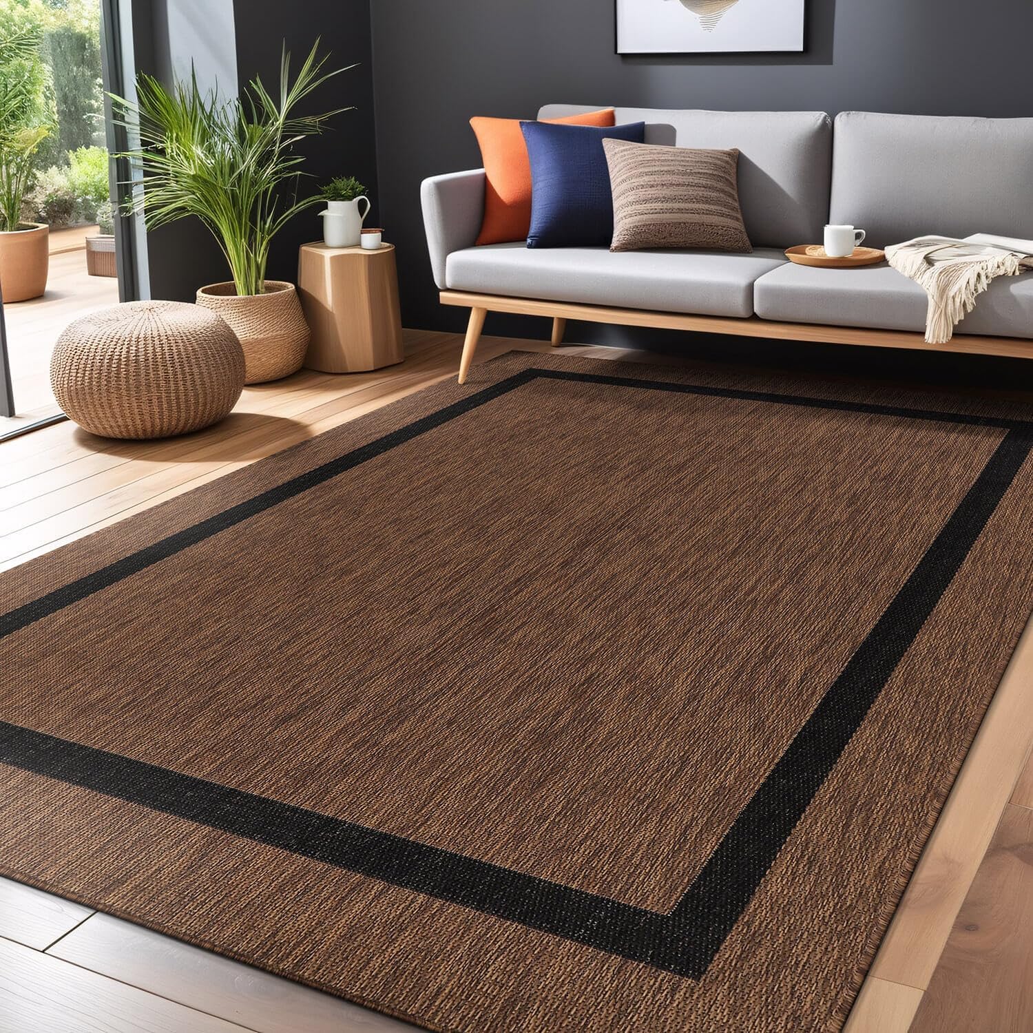 Bordered Outdoor Rug 9x12 Washable Outside Carpet for Indoor Patio Porch Waterproof Easy Cleaning