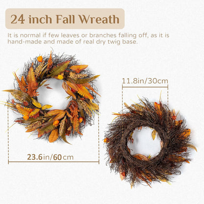 Fall Wreath for Thanksgiving Decorations 24inch - Walasis Large Wheat Wreaths for Front Door
