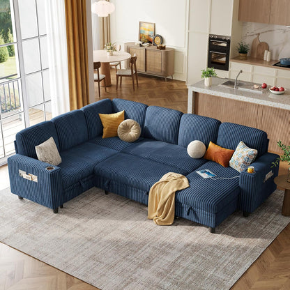 LINSY HOME Sectional Sleeper Sofa with Pull Out Couch Bed - Convertible Plush Corduroy Cloud Couch