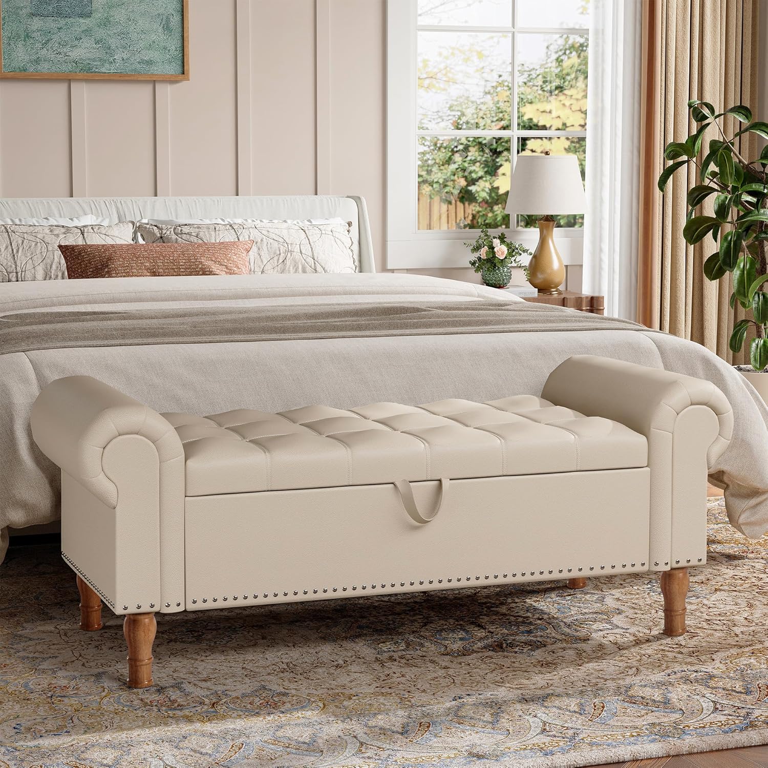 Storage Ottoman Bench for Bedroom, 51" Upholstered Bench with Rolled Arms and Vintage Rivets for