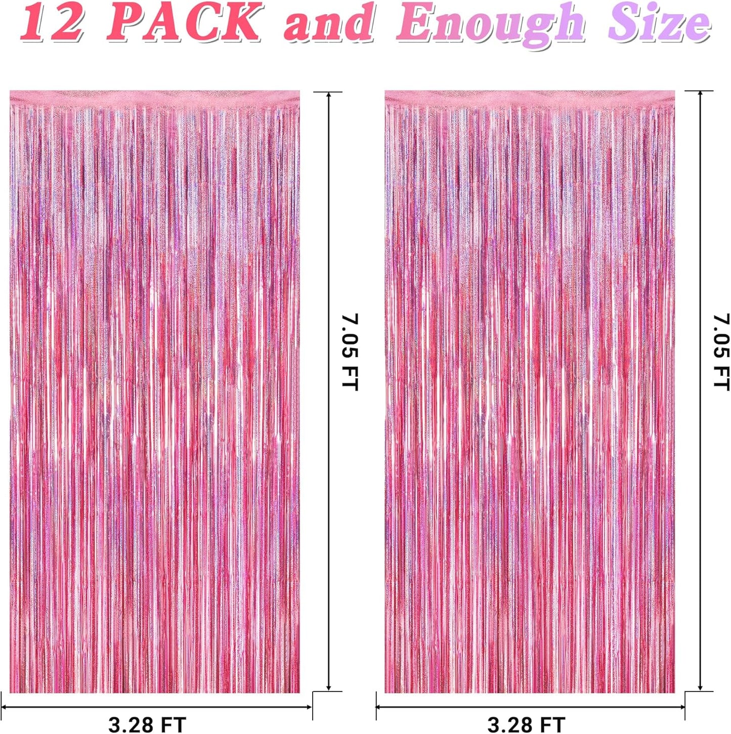 12 Pack Pink Backdrop, 3.28 FT x 7.05 FT Foil Streamers, Metallic Glitter Backdrop Pink Tinsel