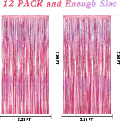 12 Pack Pink Backdrop, 3.28 FT x 7.05 FT Foil Streamers, Metallic Glitter Backdrop Pink Tinsel