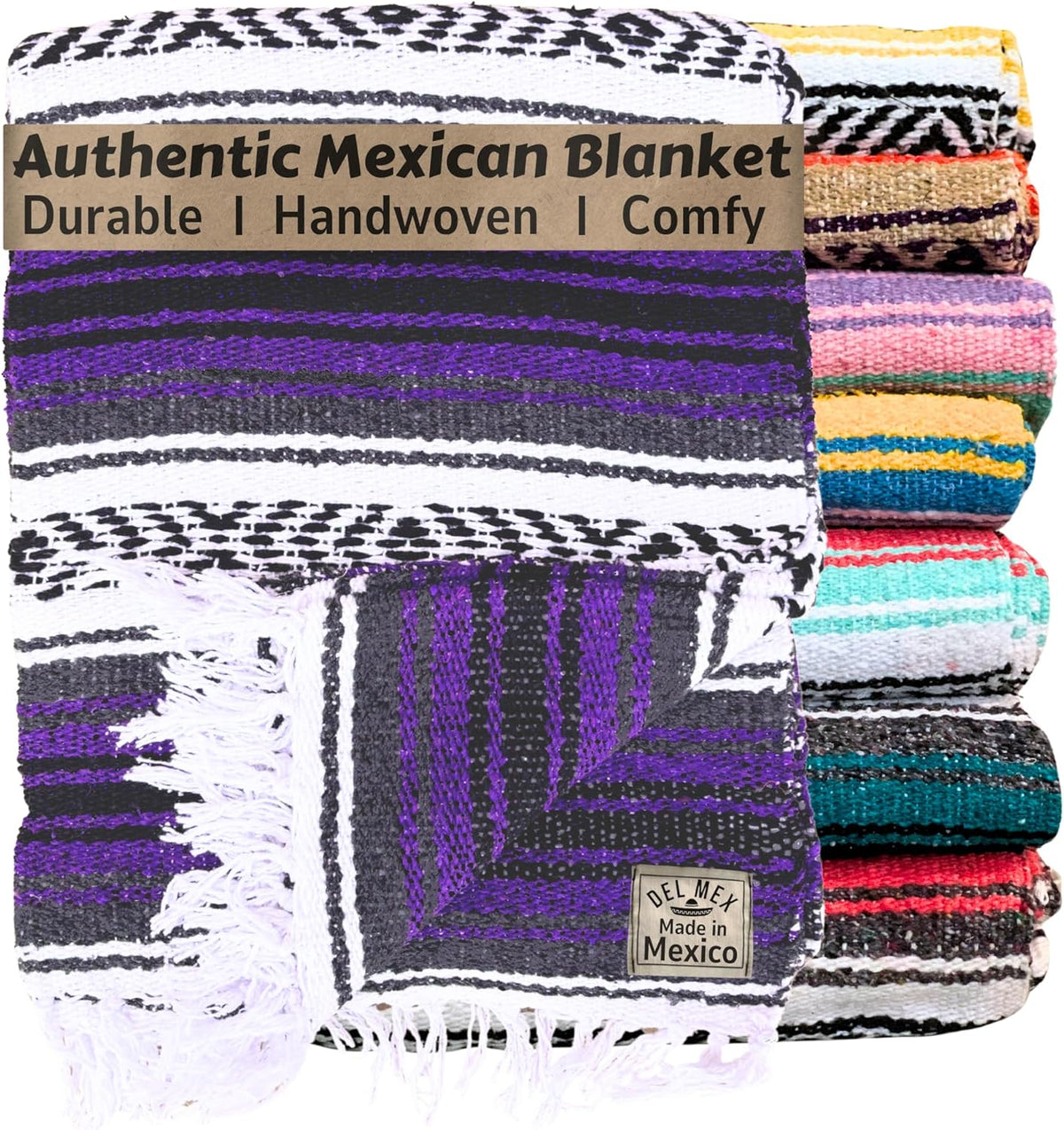Del Mex Classic Mexican Blanket, Large Authentic Woven Falsa Throw (70"x50"), Artisan Southwest