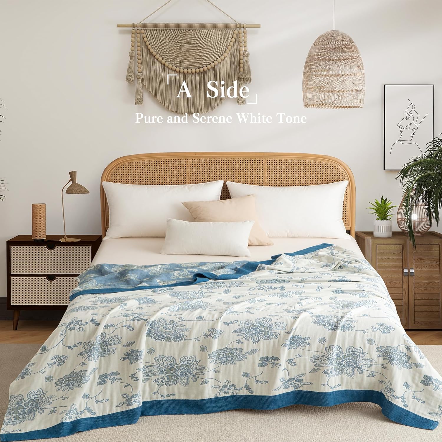 Boho Throw Blanket Twin Size, Soft Cozy Cotton Muslin Quilt Blanket for Bed Decor, Floral Patterned