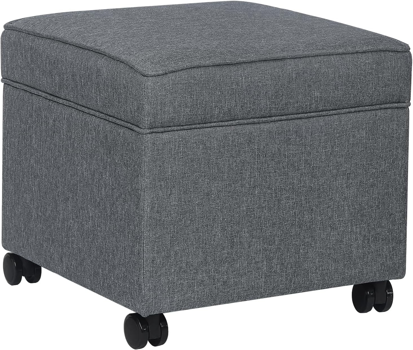 Adeco 17.5" Square Fabric Ottoman with Storage, Upholstered Cotton Linen Foot Rest, Flip Top