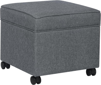 Adeco 17.5" Square Fabric Ottoman with Storage, Upholstered Cotton Linen Foot Rest, Flip Top