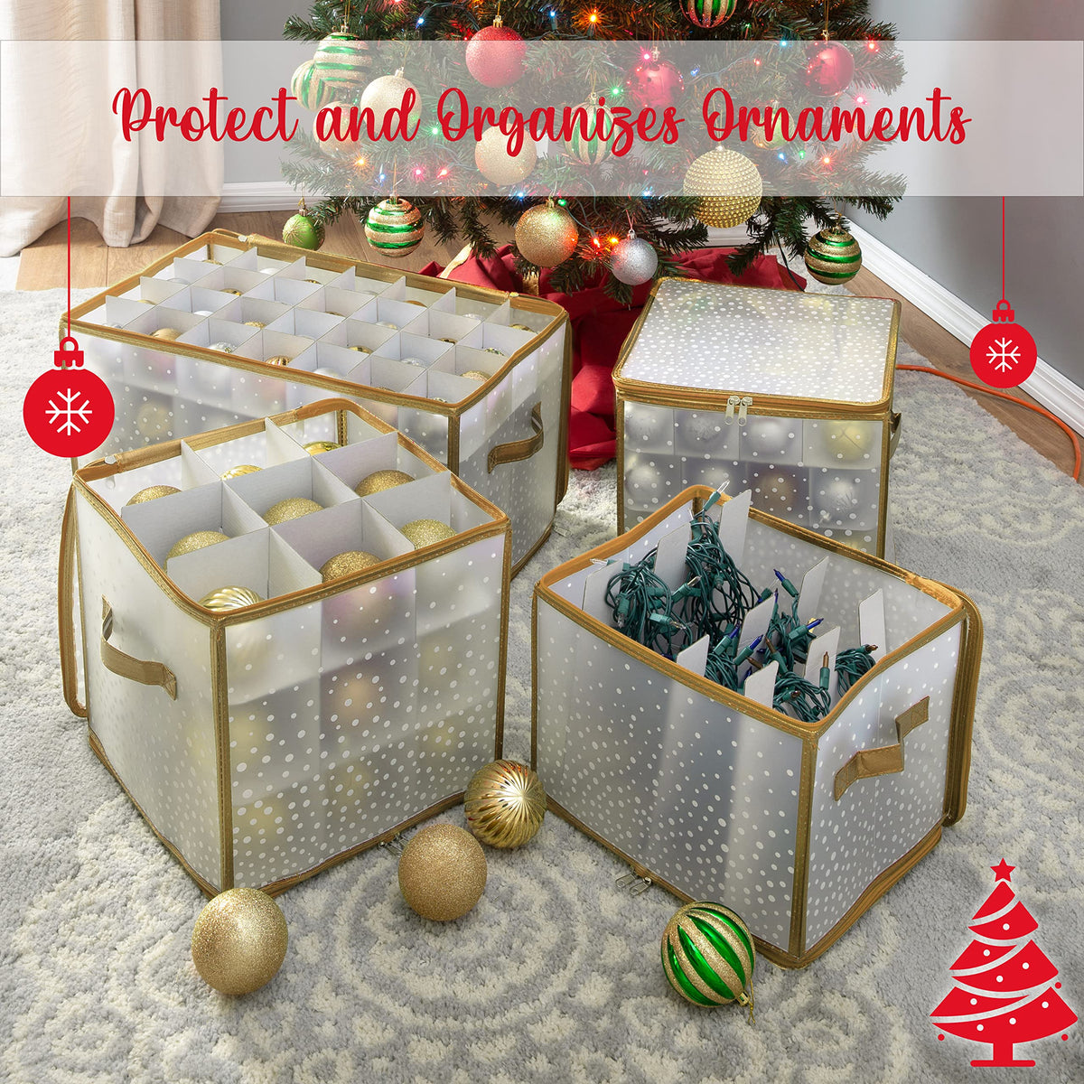 Simplify 64 Count Ornament Storage Box | Plastic | Decorative Organizer | Storage Bin | Gold | L12