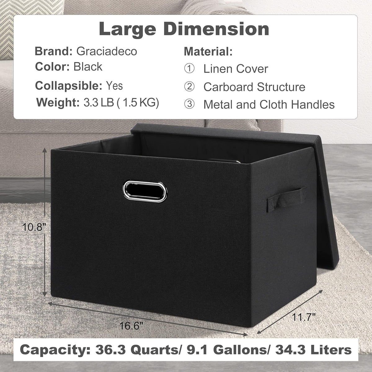 Large 17" 36 Quart Collapsible Stackable Storage Bins with Lids, 1 Pack Black Foldable Fabric