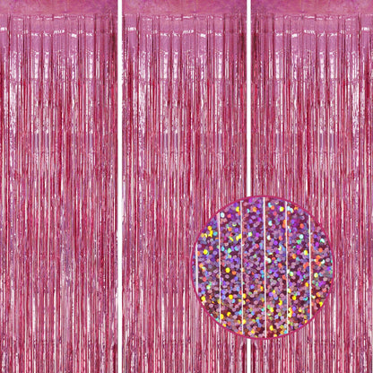 3 Pack Foil Fringe Backdrop - Laser Pink Shiny Tinsel Curtains for Party Decoration/Photo Booth