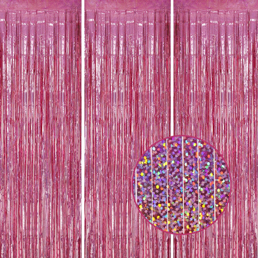 3 Pack Foil Fringe Backdrop - Laser Pink Shiny Tinsel Curtains for Party Decoration/Photo Booth