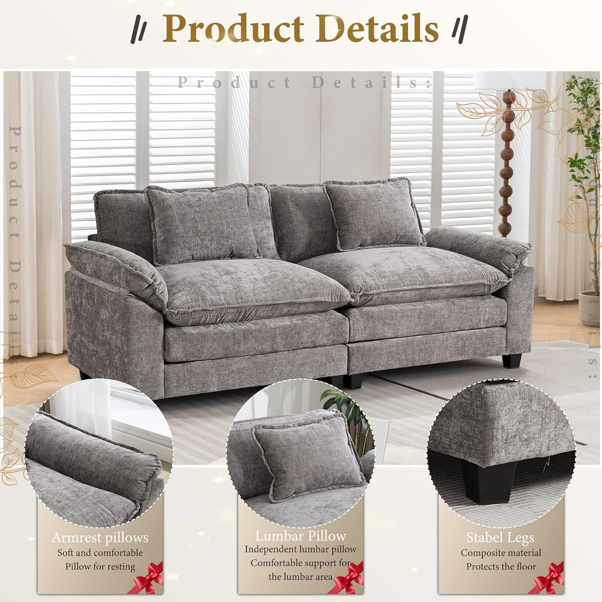 URRED Modular Sectional Sofa Comfy Cloud Couch, Modern Chenille Sofa Sleeper Deep Seat Couches with