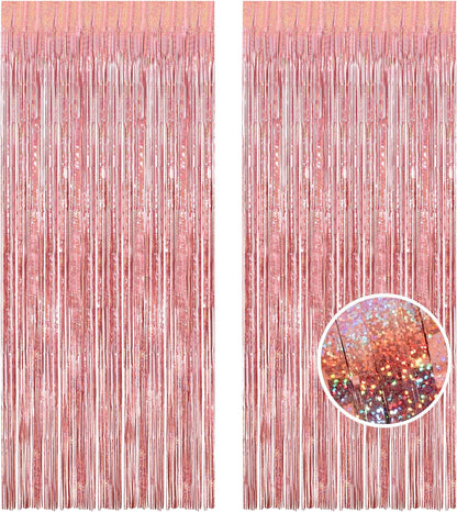 BRAVESHINE Rose-Gold Metallic Tinsel Backdrop - 2Pcs 3.2x8.2ft Metallic Tinsel Foil Fringe Curtains