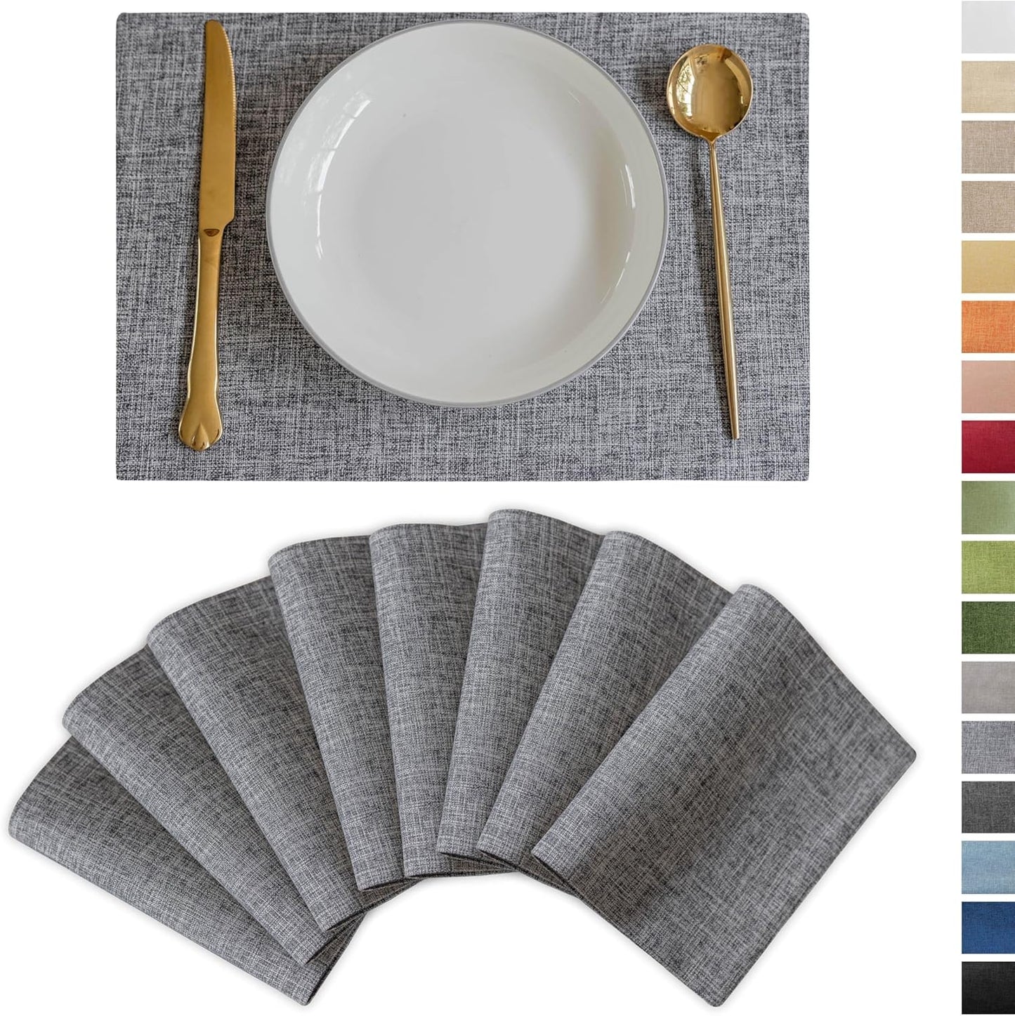 Demetex Grey Textured Linen Placemats Set of 8 Classic Place Mats Heat Resistant Cloth Table