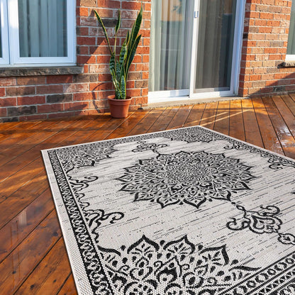 CAMILSON Outdoor Rug, 8x10 Medallion White Black Modern Area Rugs for Indoor and Outdoor Patios