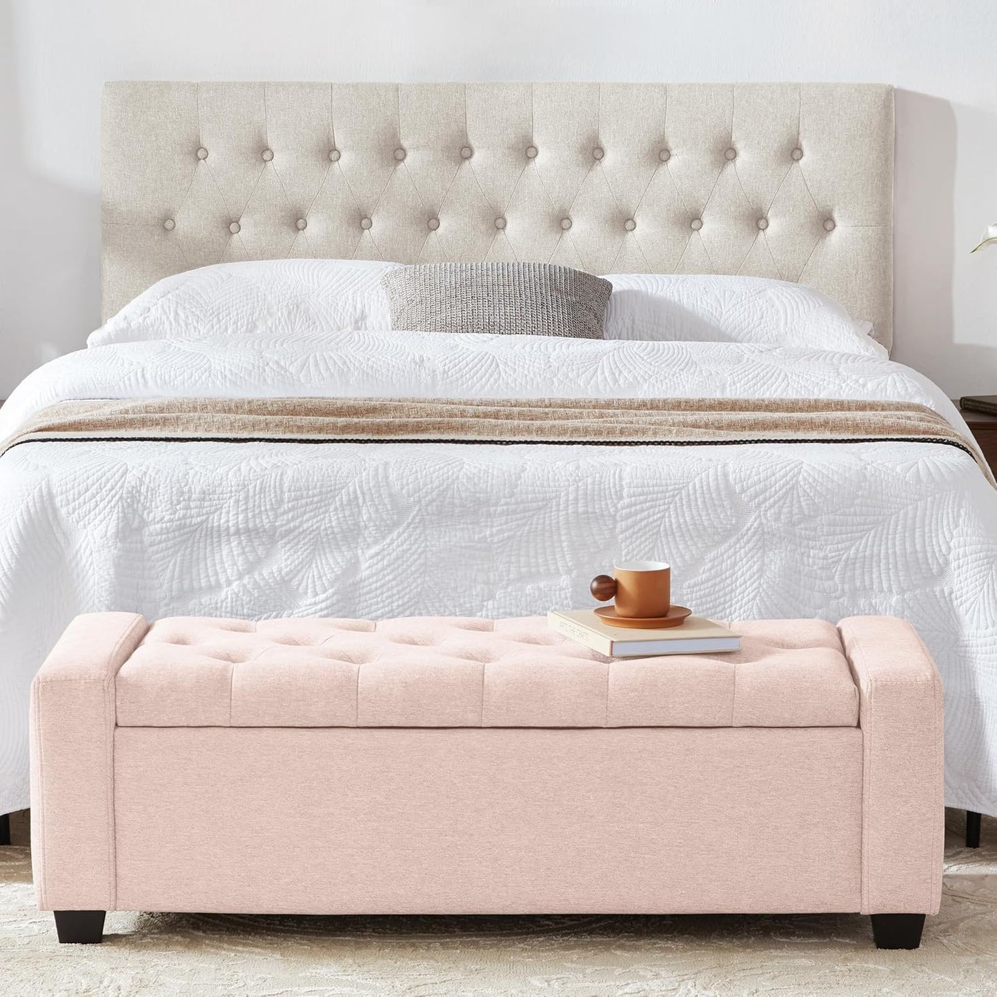 48" Ottoman with Storage, Pink Storage Ottoman Bench with Safety Hinge, Upholstered Entryway Bench