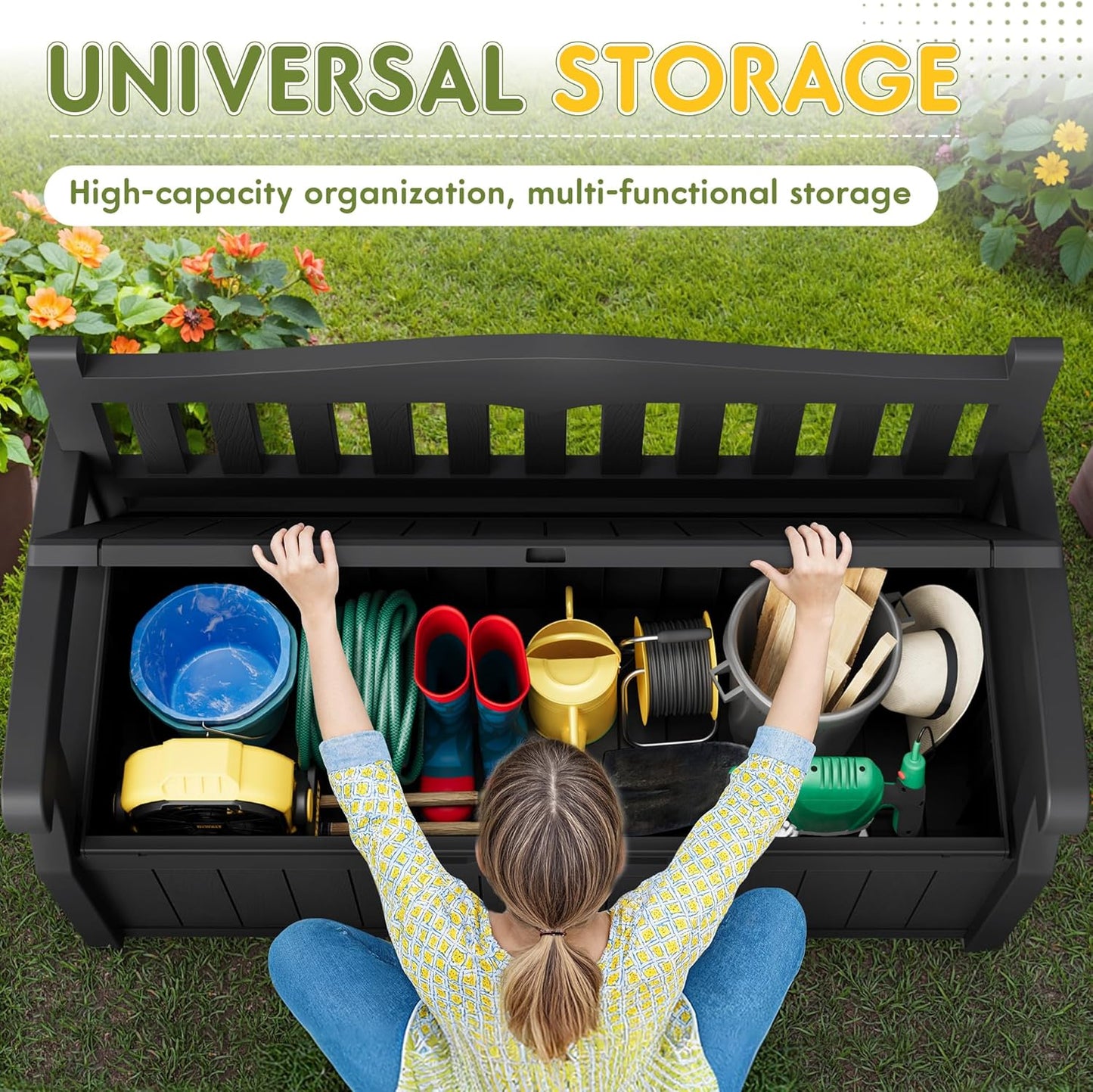 Greesum 80 Gallon Storage Bench Outdoor Deck Box with Armrest, Patio Furniture,Lockable, Waterproof