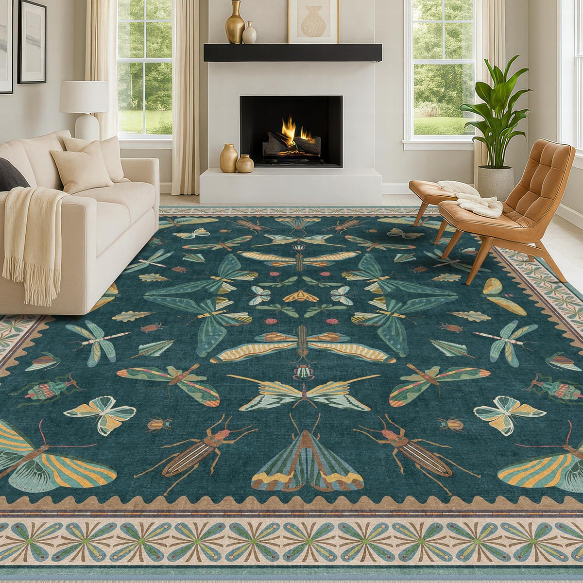Insect Print Washable 8x10 Living Room Rug - Bugs, Butterfly, Bees, Moths Patterned Area Rugs for