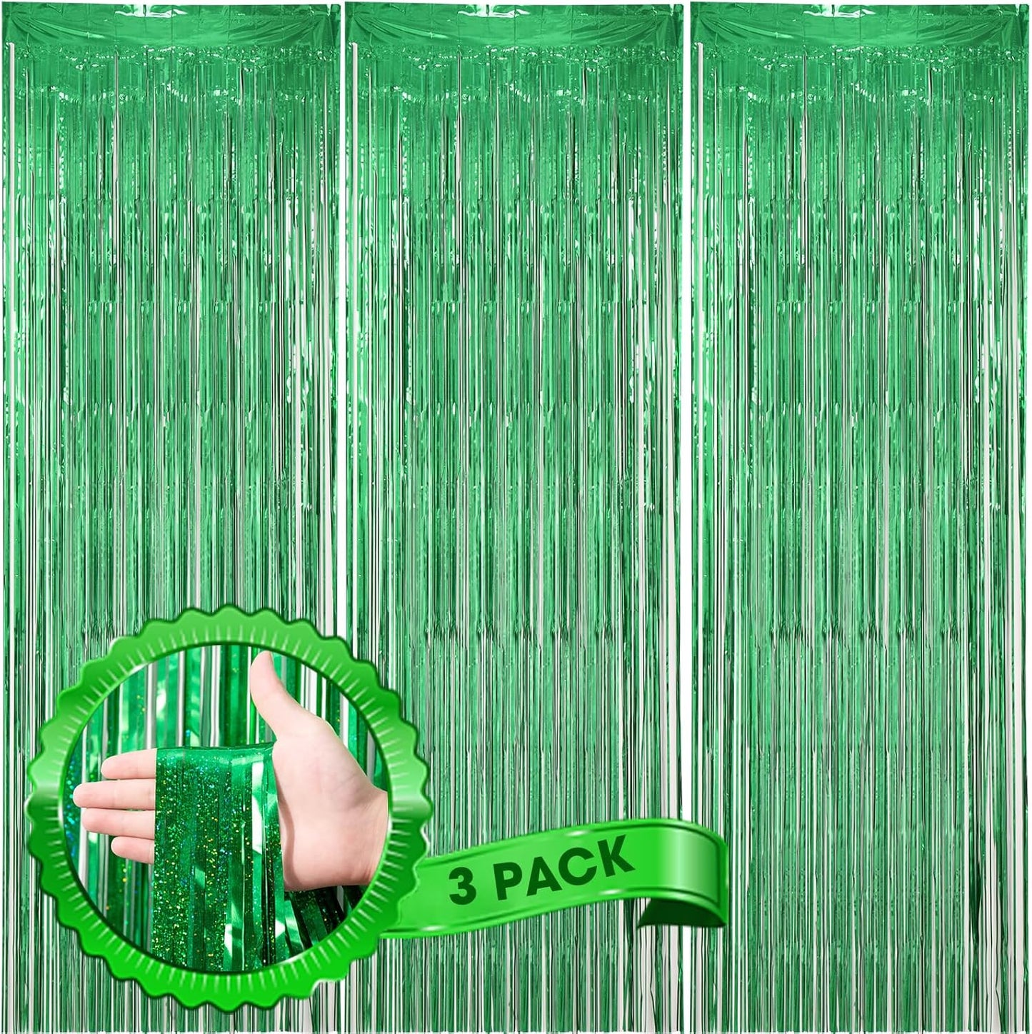 3 Pack 3.3 x 8.2 ft Laser Green Foil Fringe Backdrop Curtains, Tinsel Streamers Birthday Party